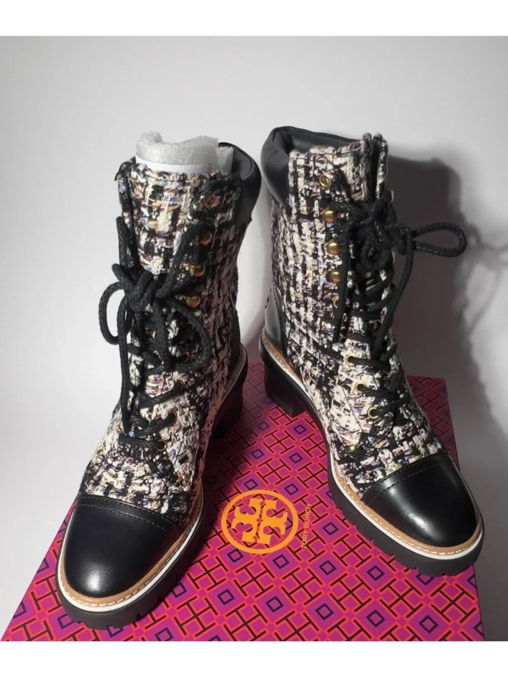 Tory Burch Tweed Leather Lace-Up Ankle Boots Women’s 7.5 New in Box